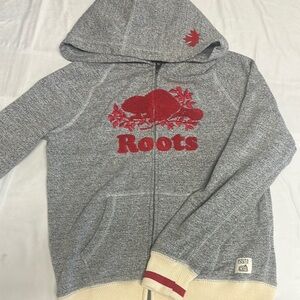 Roots Gray and Red Logo Hoodie Sweatshirt